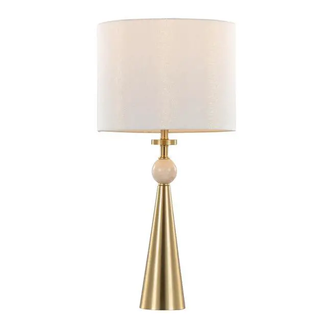 Alt view image 3 of 7 - Table Lamp in Gold Metal Base with Travertine Stone and White Shimmer Shade - Set Of 2