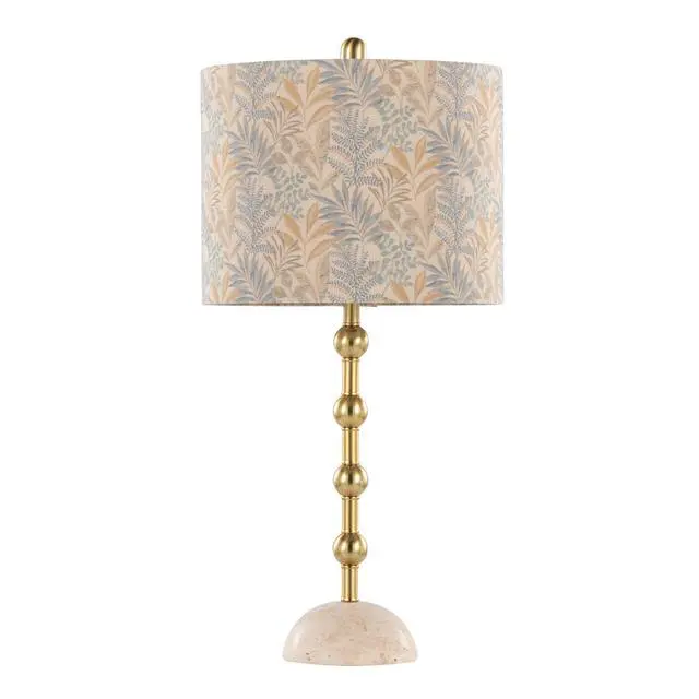 Alt view image 3 of 7 - Table Lamp in A Travertine Base with Gold Metal and Decorative Tan Fabric Shade - Set Of 2