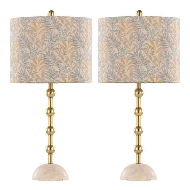 Alt view image 2 of 7 - Table Lamp in A Travertine Base with Gold Metal and Decorative Tan Fabric Shade - Set Of 2