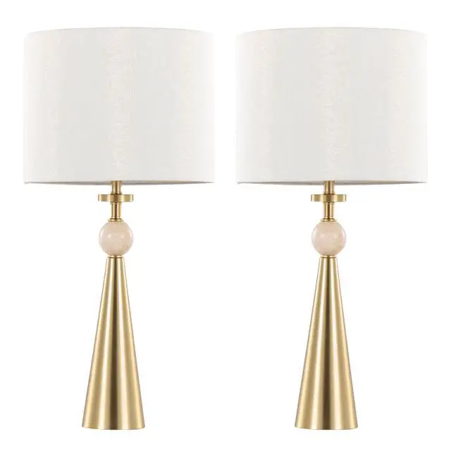 Alt view image 2 of 7 - Table Lamp in Gold Metal Base with Travertine Stone and White Shimmer Shade - Set Of 2