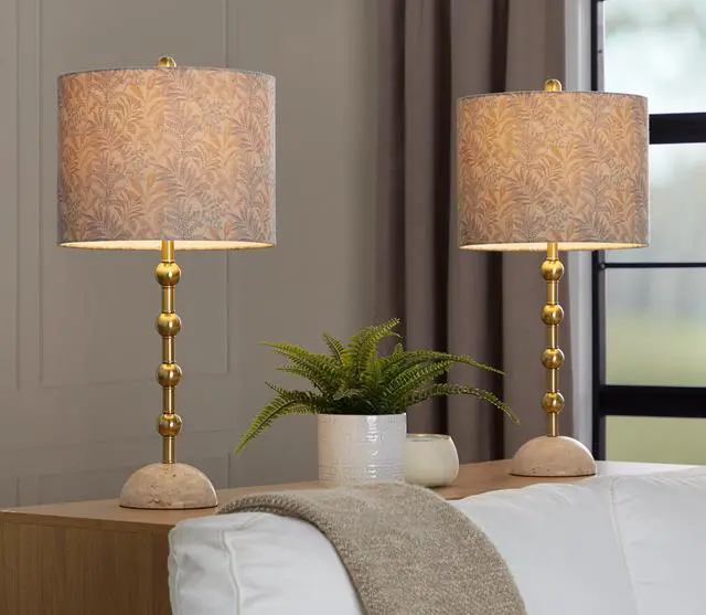 Main image of Table Lamp in A Travertine Base with Gold Metal and Decorative Tan Fabric Shade - Set Of 2