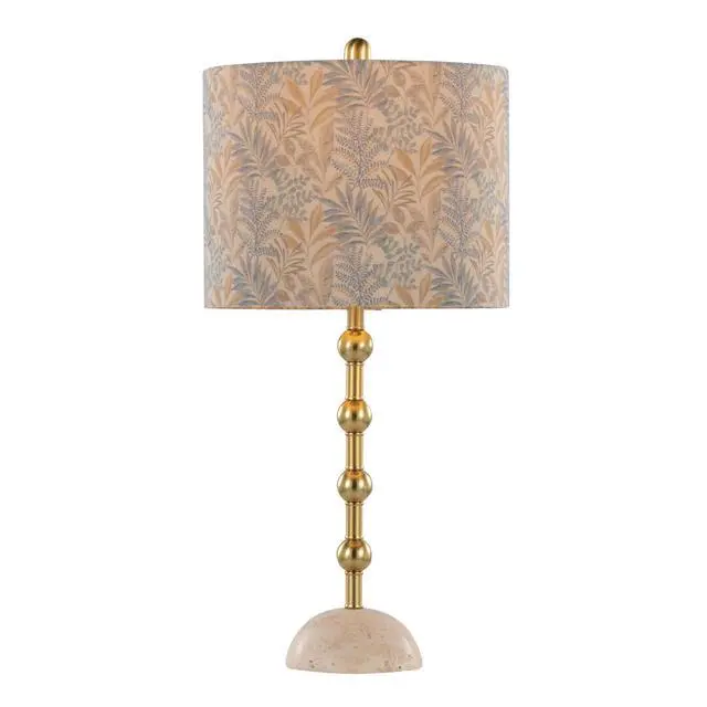 Alt view image 5 of 7 - Table Lamp in A Travertine Base with Gold Metal and Decorative Tan Fabric Shade - Set Of 2