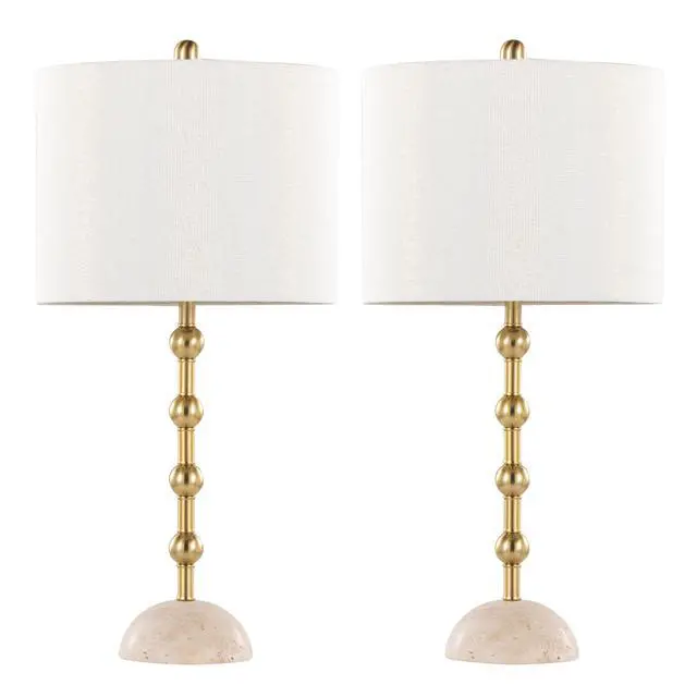 Alt view image 2 of 7 - Table Lamp in Travertine Base with Gold Metal and Off-White Shimmer Fabric Shade - Set Of 2