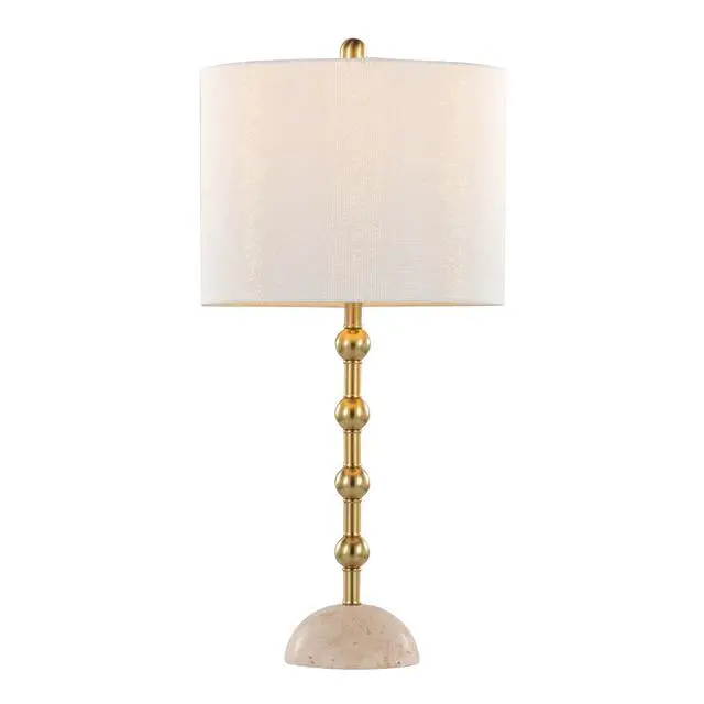 Alt view image 3 of 7 - Table Lamp in Travertine Base with Gold Metal and Off-White Shimmer Fabric Shade - Set Of 2
