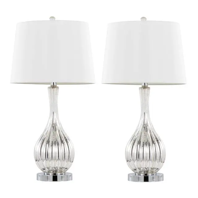 Alt view image 2 of 7 - Glass Table Lamp in Silver Crackle Glass and Chrome Metal with White Linen Shade - Set Of 2