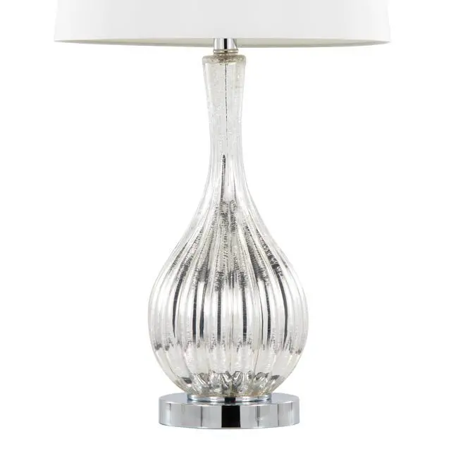 Alt view image 4 of 7 - Glass Table Lamp in Silver Crackle Glass and Chrome Metal with White Linen Shade - Set Of 2