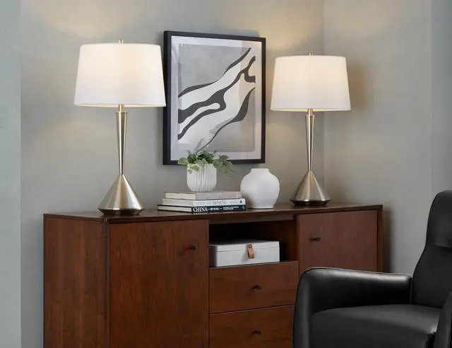 Main image of Metal Table Lamp in Brushed Nickel with White Linen Shade - Set Of 2