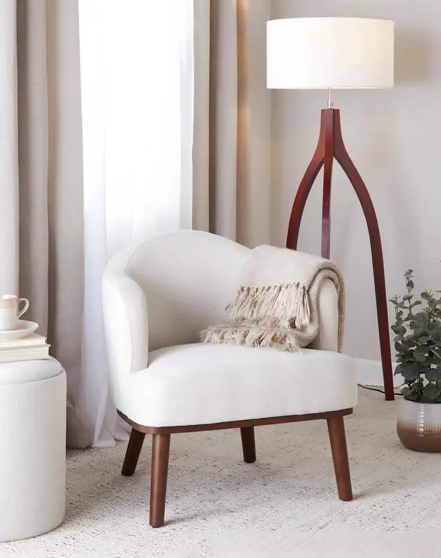Alt view image 2 of 7 - Wishbone Contemporary Floor Lamp in Walnut Wood with A White Fabric Shade