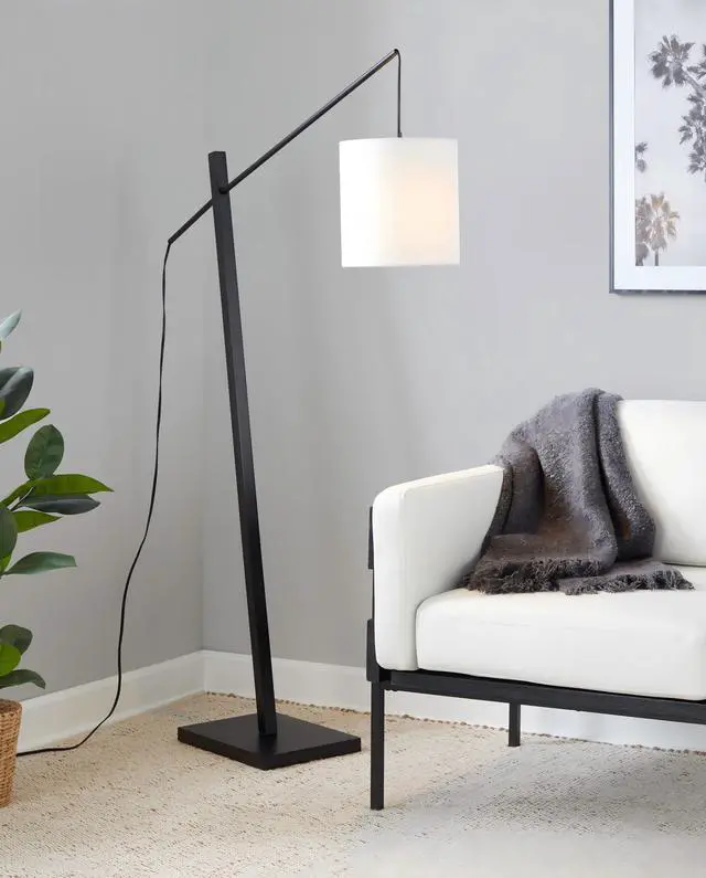 Main image of Arturo Contemporary Floor Lamp in Black Wood and Black Steel with White Fabric Shade