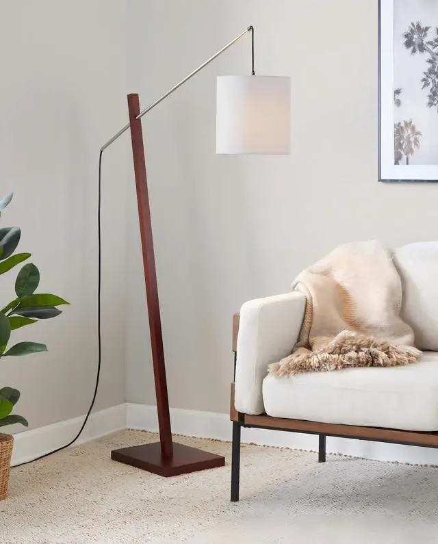 Main image of Arturo Contemporary Floor Lamp in Walnut Wood and White Fabric Shade