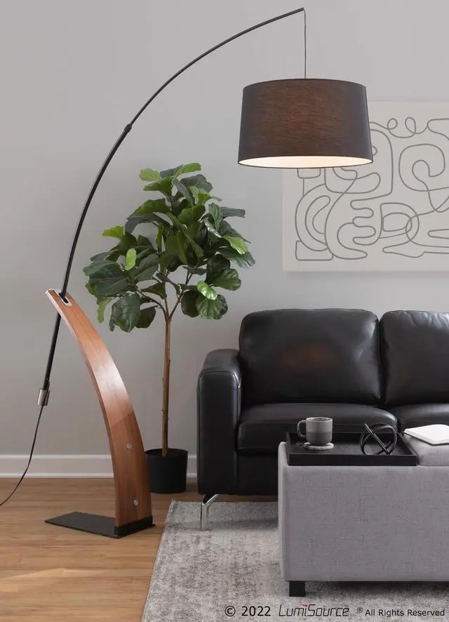 Main image of Mid-Century Modern Floor Lamp in Walnut Wood and Black Linen Shade
