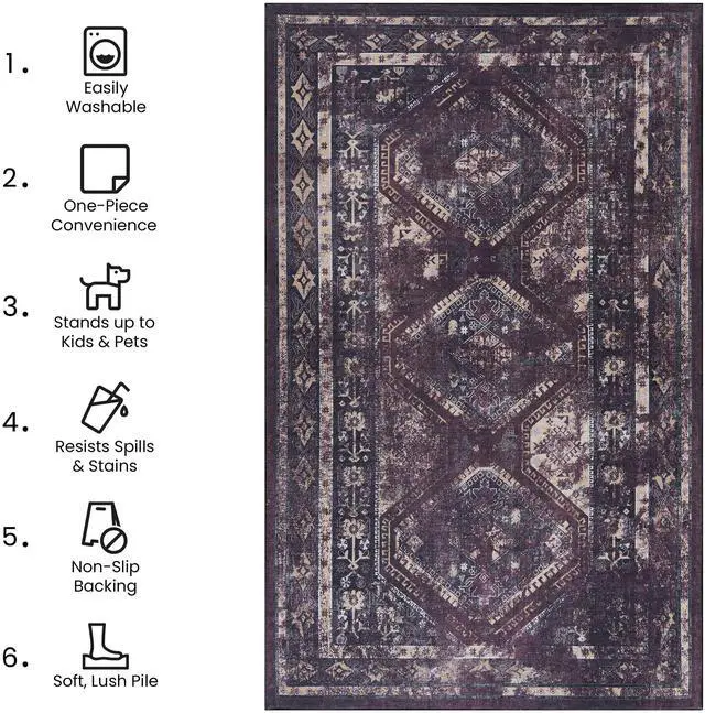 Alt view image 6 of 7 - Black Washable Rug 72*48 inch Area Rug (Black+Burgundy, 72*48 inch)