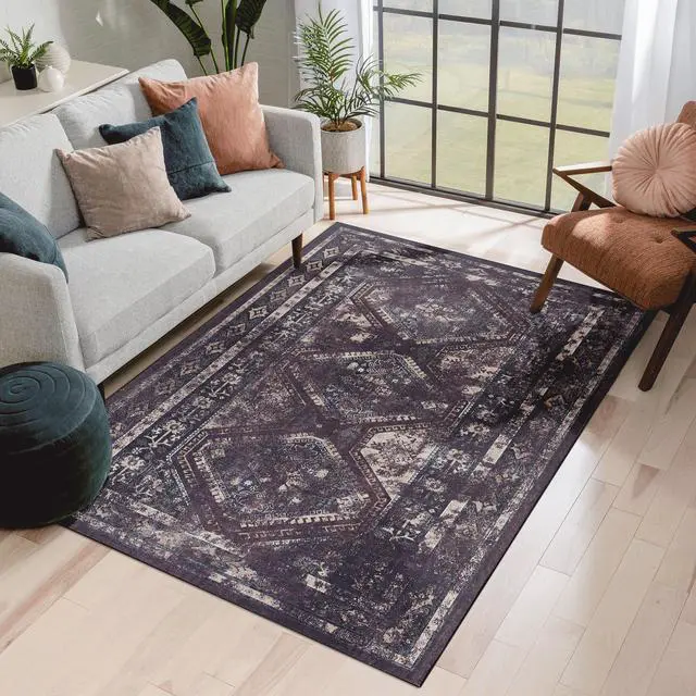 Main image of Black Washable Rug 72*48 inch Area Rug (Black+Burgundy, 72*48 inch)