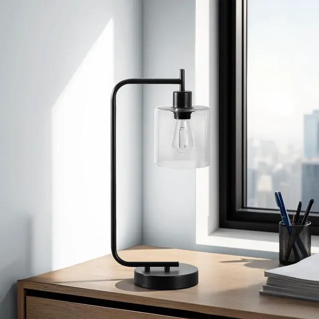 Alt view image 2 of 5 - Lighting, 20"H, Table Lamp, Usb Port included, Black Metal, Glass Shade, Modern