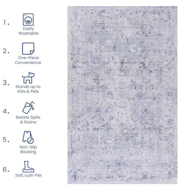 Alt view image 5 of 7 - Blue Washable Rug 120*96 inch inch Area Rug (Blue+Cream, 120*96 inch)
