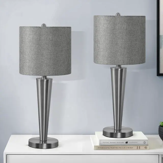 Alt view image 2 of 5 - Lighting, Set Of 2, 24"H, Table Lamp, Usb Port included, Nickel Metal, Grey Shade, Contemporary