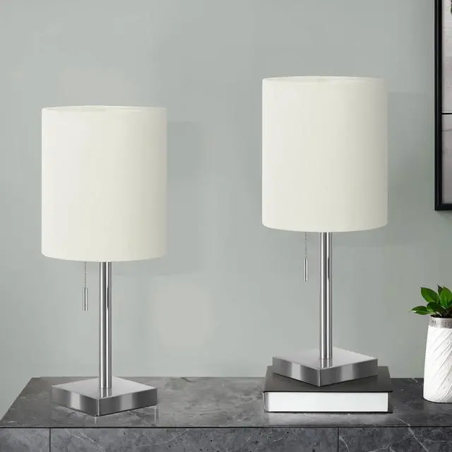 Alt view image 2 of 5 - Lighting, Set Of 2, 17"H, Table Lamp, Usb Port included, Nickel Metal, Ivory / Cream Shade, Contemporary