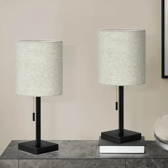 Alt view image 2 of 5 - Lighting, Set Of 2, 17"H, Table Lamp, Usb Port included, Black Metal, Beige Shade, Contemporary