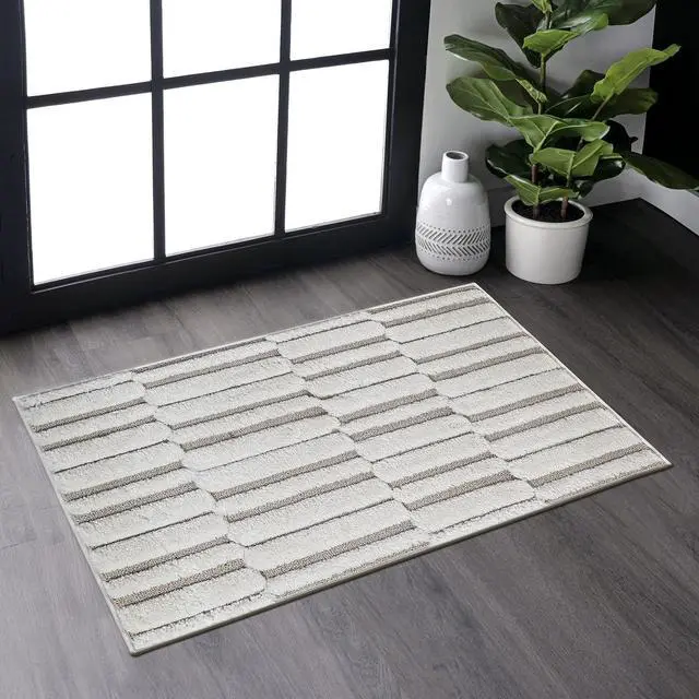 Main image of Step Collection High-Low Striped Beige/Cream Indoor Area Rug, 36*24 inch, Modern, Contemporary, Geometric, Bohemian, Bedroom, Kitchen, Living Room, Doormat, Non Shedding Carpet