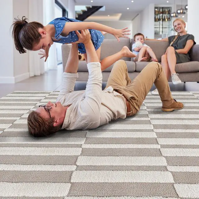 Alt view image 7 of 7 - Step Collection High-Low Striped Beige/Cream Indoor Area Rug, 36*24 inch, Modern, Contemporary, Geometric, Bohemian, Bedroom, Kitchen, Living Room, Doormat, Non Shedding Carpet