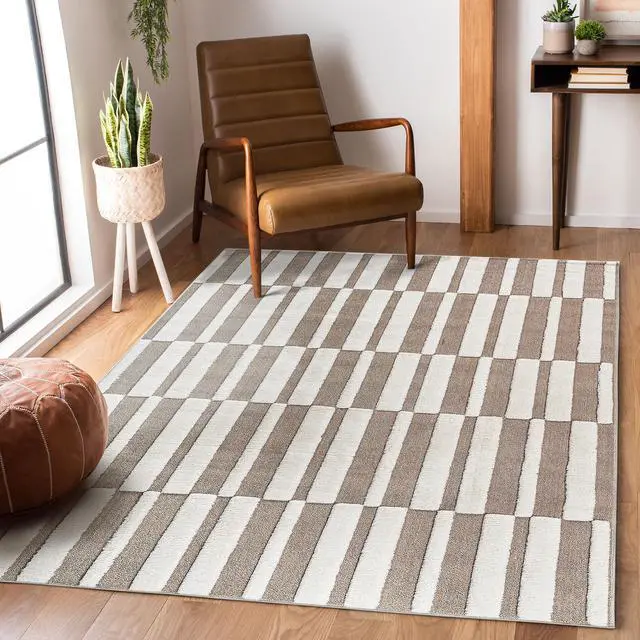 Main image of Step Collection High-Low Striped Beige/Cream Indoor Area Rug, 90*63 inch, Modern, Contemporary, Geometric, Bohemian, Bedroom, Kitchen, Living Room, Non Shedding Carpet