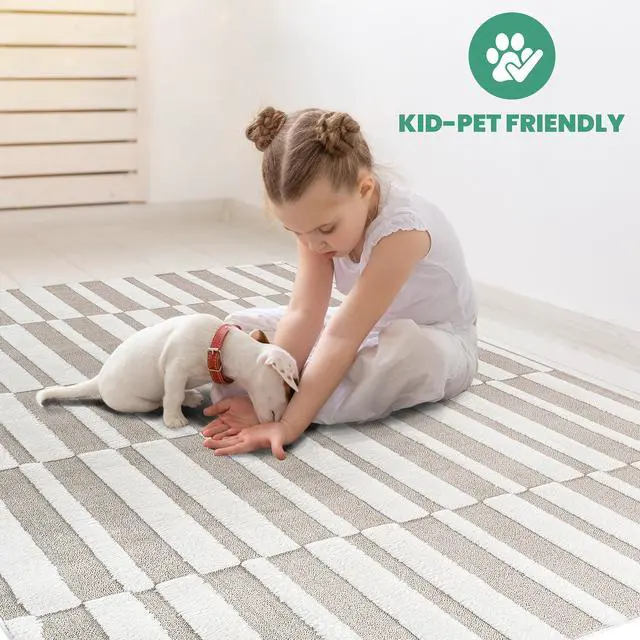 Alt view image 4 of 7 - Step Collection High-Low Striped Beige/Cream Indoor Area Rug, 90*63 inch, Modern, Contemporary, Geometric, Bohemian, Bedroom, Kitchen, Living Room, Non Shedding Carpet