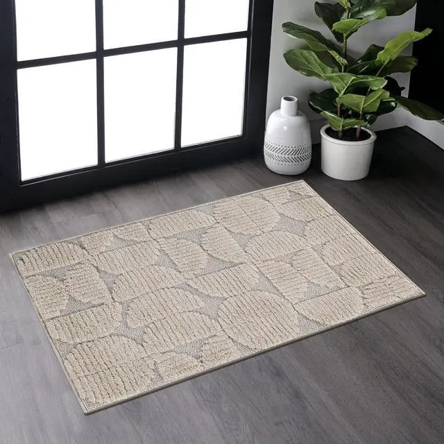 Main image of Step Collection High-Low Beige Indoor Area Rug, 36*24 inch, Modern, Contemporary, Geometric, Bohemian, Bedroom, Kitchen, Living Room, Doormat, Non Shedding Carpet