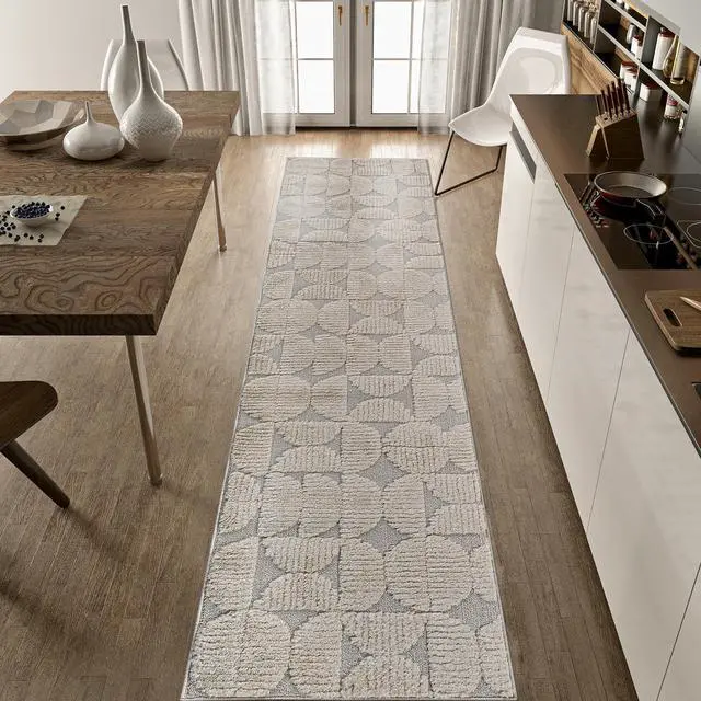 Main image of Step Collection High-Low Beige Indoor Runner Rug, 96*26 inch, Modern, Contemporary, Geometric, Bohemian, Bedroom, Kitchen, Living Room, Hallway, Non Shedding Carpet