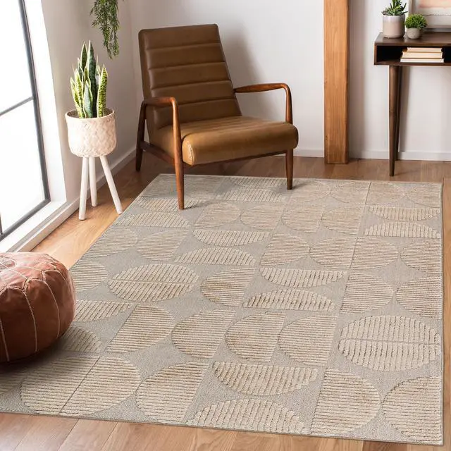 Main image of Step Collection High-Low Beige Indoor Area Rug, 90*63 inch, Modern, Contemporary, Geometric, Bohemian, Bedroom, Kitchen, Living Room, Non Shedding Carpet