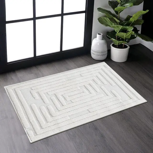 Main image of Step Collection High-Low Striped Cream Indoor Area Rug, 36*24 inch, Modern, Contemporary, Geometric, Bohemian, Bedroom, Kitchen, Living Room, Doormat, Non Shedding Carpet