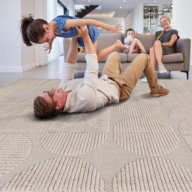 Alt view image 5 of 7 - Step Collection High-Low Beige Indoor Area Rug, 90*63 inch, Modern, Contemporary, Geometric, Bohemian, Bedroom, Kitchen, Living Room, Non Shedding Carpet