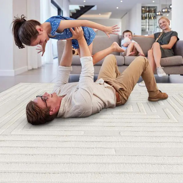 Alt view image 6 of 7 - Step Collection High-Low Striped Cream Indoor Area Rug, 36*24 inch, Modern, Contemporary, Geometric, Bohemian, Bedroom, Kitchen, Living Room, Doormat, Non Shedding Carpet