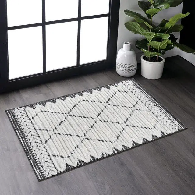 Main image of Step Collection High-Low Trellis Cream/Anthracite Indoor Area Rug, 36*24 inch, Modern, Contemporary, Geometric, Bohemian, Bedroom, Kitchen, Living Room, Doormat, Non Shedding Carpet