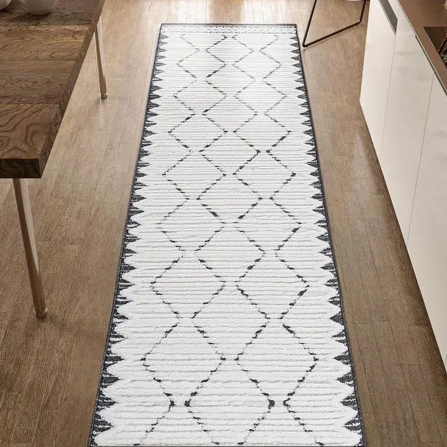 Main image of Step Collection High-Low Trellis Cream/Anthracite Indoor Runner Rug, 96*26 inch, Modern, Contemporary, Geometric, Bohemian, Bedroom, Kitchen, Living Room, Hallway, Non Shedding Carpet