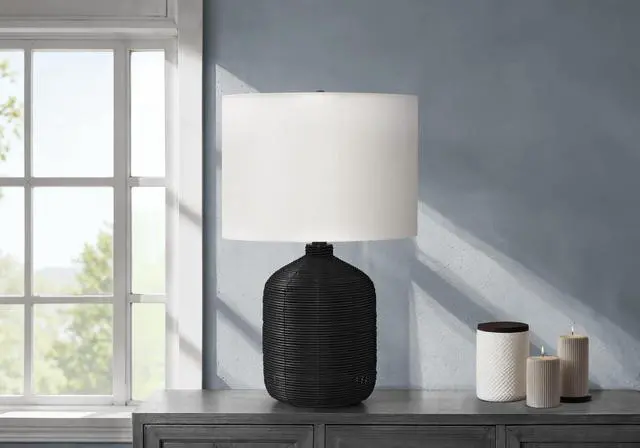 Main image of Lighting, 23"H, Table Lamp, Black Rattan, Ivory / Cream Shade, Modern