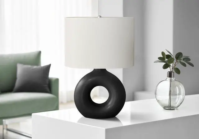 Main image of Lighting, 24"H, Table Lamp, Black Ceramic, Ivory / Cream Shade, Contemporary, Modern