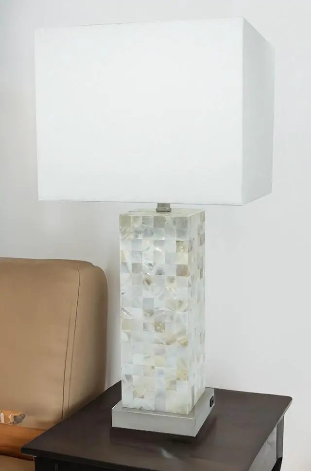 Alt view image 3 of 5 - Modern White Chrome-Finished Base Mosaic Pattern 2Pc Table Lamp Soft Diffused Light White Shade