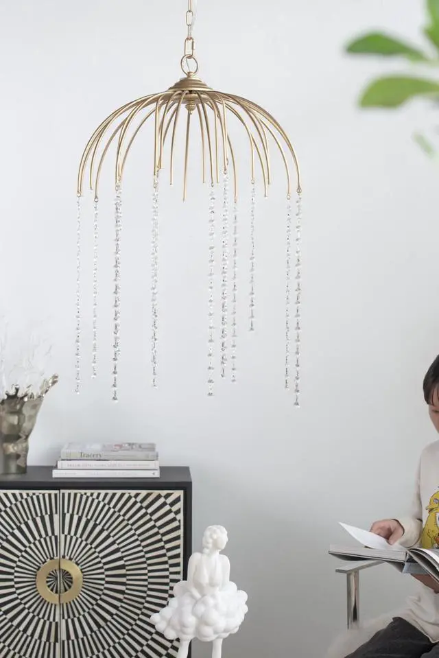 Alt view image 5 of 6 - D20x29" Vintage Glamour Gold with Raining Glass Beads Chandelier