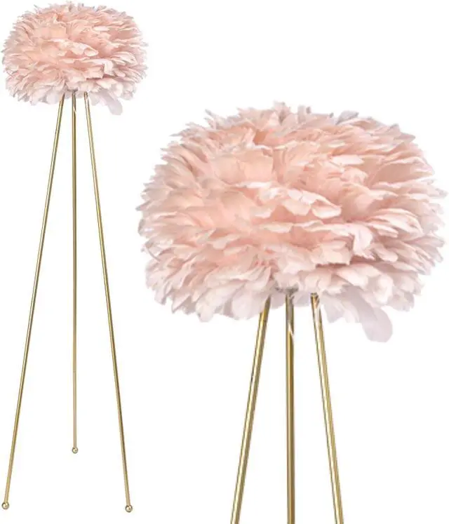 Alt view image 3 of 5 - Modern Art Feather Floor Lamp, 60 inches Tall Metal Standing Lamp with Pink Feather Lampshade for Living Room, Bedroom, Office, Study, Hotel Decoration