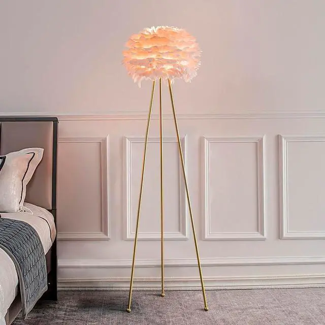 Alt view image 5 of 5 - Modern Art Feather Floor Lamp, 60 inches Tall Metal Standing Lamp with Pink Feather Lampshade for Living Room, Bedroom, Office, Study, Hotel Decoration