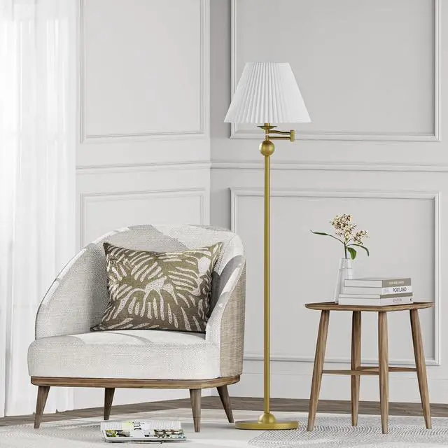Alt view image 3 of 6 - 64.25" Modern Mid-Century Floor Lamp for Living Room, Adjustable Swing Arm Floor Lamp, Gold Standing Lamp, Gold Lamp Body with White Pleated Shade, Tall Lamps for Bedroom, Office, Home, Hotel