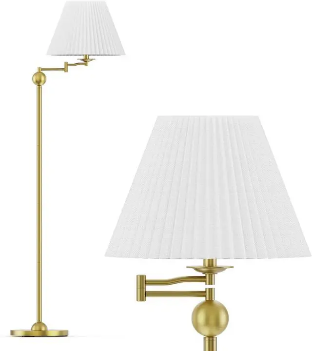 Alt view image 4 of 6 - 64.25" Modern Mid-Century Floor Lamp for Living Room, Adjustable Swing Arm Floor Lamp, Gold Standing Lamp, Gold Lamp Body with White Pleated Shade, Tall Lamps for Bedroom, Office, Home, Hotel