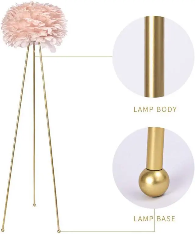 Alt view image 4 of 5 - Modern Art Feather Floor Lamp, 60 inches Tall Metal Standing Lamp with Pink Feather Lampshade for Living Room, Bedroom, Office, Study, Hotel Decoration