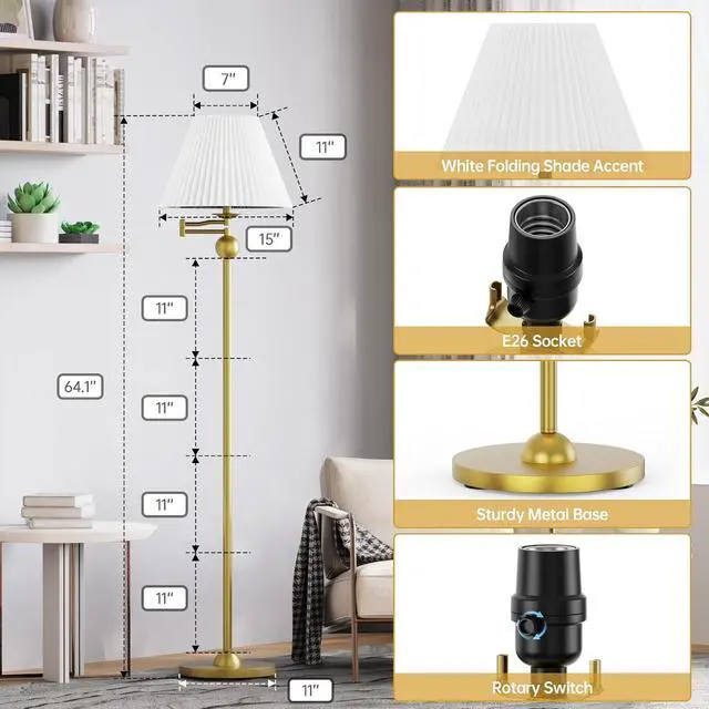 Alt view image 2 of 6 - 64.25" Modern Mid-Century Floor Lamp for Living Room, Adjustable Swing Arm Floor Lamp, Gold Standing Lamp, Gold Lamp Body with White Pleated Shade, Tall Lamps for Bedroom, Office, Home, Hotel