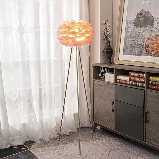 Main image of Modern Art Feather Floor Lamp, 60 inches Tall Metal Standing Lamp with Pink Feather Lampshade for Living Room, Bedroom, Office, Study, Hotel Decoration