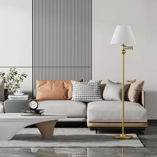 Alt view image 5 of 6 - 64.25" Modern Mid-Century Floor Lamp for Living Room, Adjustable Swing Arm Floor Lamp, Gold Standing Lamp, Gold Lamp Body with White Pleated Shade, Tall Lamps for Bedroom, Office, Home, Hotel