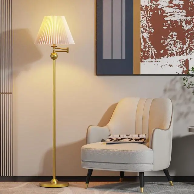 Alt view image 6 of 6 - 64.25" Modern Mid-Century Floor Lamp for Living Room, Adjustable Swing Arm Floor Lamp, Gold Standing Lamp, Gold Lamp Body with White Pleated Shade, Tall Lamps for Bedroom, Office, Home, Hotel