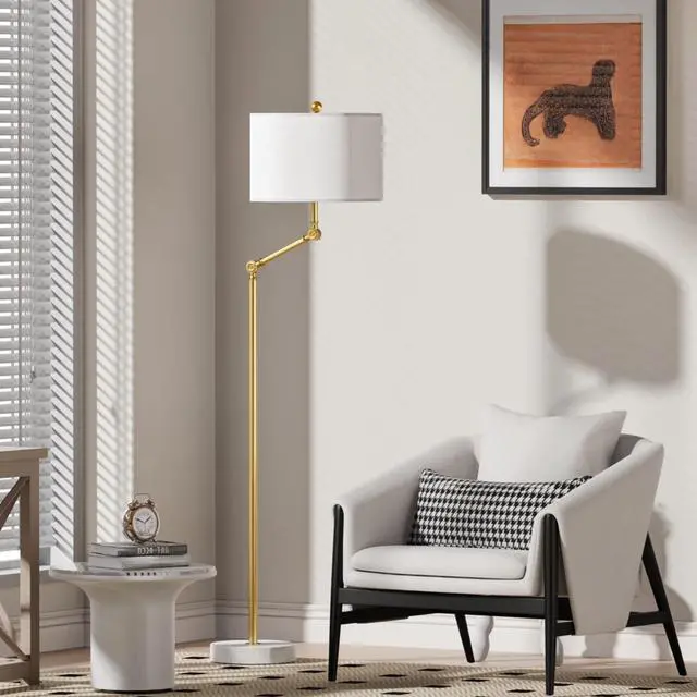 Alt view image 3 of 7 - 64'' Standing Floor Lamp with Rotatable Lampposts, 3 Way Dimmable Modern Floor Lamp with White Fabric Shade, Tall Standing Light Source with Zipper Switch and Marble Base for Study Room, Living Room
