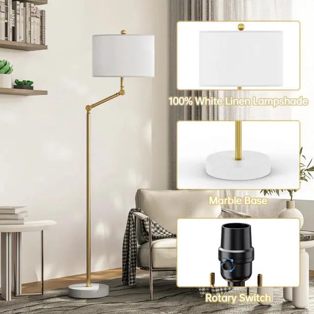 Alt view image 5 of 7 - 64'' Standing Floor Lamp with Rotatable Lampposts, 3 Way Dimmable Modern Floor Lamp with White Fabric Shade, Tall Standing Light Source with Zipper Switch and Marble Base for Study Room, Living Room