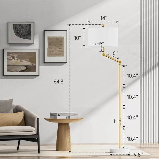 Alt view image 4 of 7 - 64'' Standing Floor Lamp with Rotatable Lampposts, 3 Way Dimmable Modern Floor Lamp with White Fabric Shade, Tall Standing Light Source with Zipper Switch and Marble Base for Study Room, Living Room